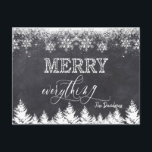 "Rustic Merry Everything Chalkboard Typografie Ankündigungspostkarte<br><div class="desc">Elegantes Design mit eleganter,  moderner Typografie "Merry Everything" auf einem Kalkboard-Hintergrund mit Schneeflocken und Bäumen. Verwenden Sie das Tool Anpassen,  um Ihre Informationen,  Nachrichten hinzuzufügen. Mehr Ideen in meiner Weihnachts-Foto-Sammlung.</div>
