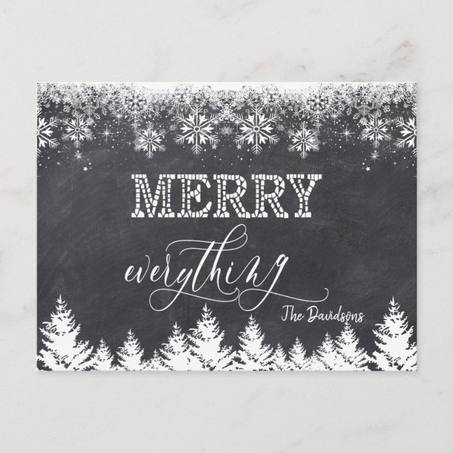 "Rustic Merry Everything Chalkboard Typografie Ankündigungspostkarte (Vorderseite)