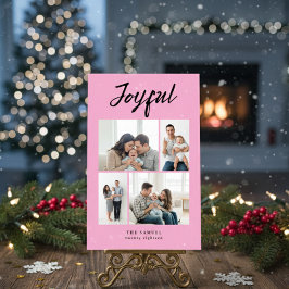 Rustic Merry Four Family Photo Collage Pink Feiertagskarte