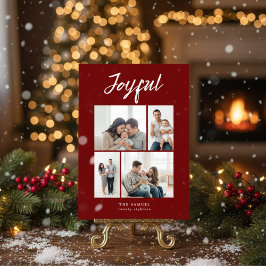 Rustic Merry Four Family Photo Collage Red Feiertagskarte