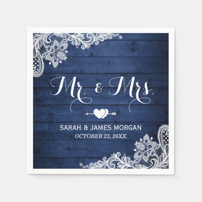 Rustic Midnight Blue Lace Mr. and Mrs Wedding Serviette (Vorderseite)