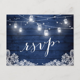 Rustic Midnight Blue Mason Jar Lights Wedding RSVP Einladungspostkarte