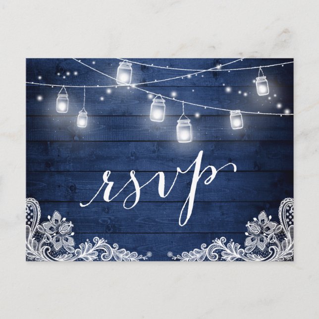 Rustic Midnight Blue Mason Jar Lights Wedding RSVP Einladungspostkarte (Vorderseite)