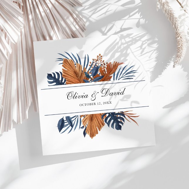 Rustic Midnight Blue Monstera Wedding Napkins Serviette (Rustic Midnight Blue Monstera Wedding Napkins on a sunny white table.)