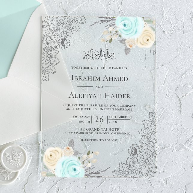 Rustic Mint Green Floral Lace Muslim Wedding Acryleinladungen (Von Creator hochgeladen)