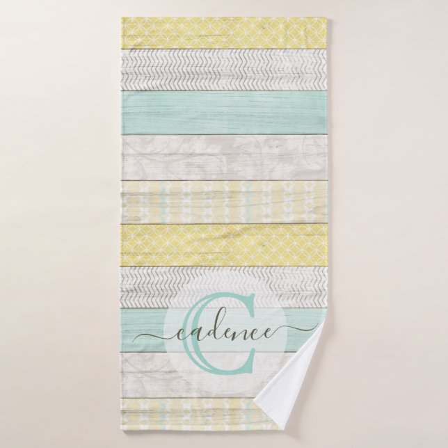 Rustic Mint & Yellow Boho Geo Modern Personalized Badehandtuch (Badehandtuch)