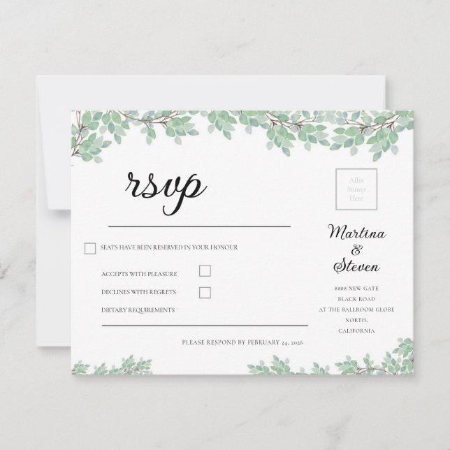 Rustic Modern Eucalyptus Greenery Wedding RSVP Karte (Vorderseite)