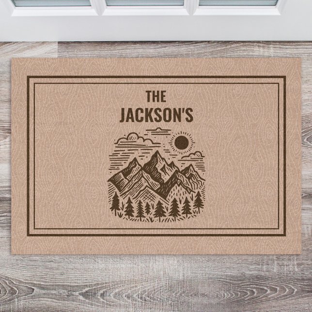 Rustic Modern Mountain Custom Fußmatte (Modern Rustic Mountain Hand-drawn Custom Name Doormat)
