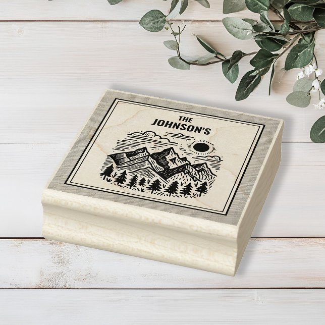 Rustic Modern Mountains Custom Gummistempel (Modern Rustic Mountains Custom Family Name Rubber Stamp)