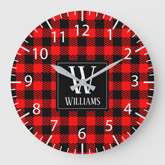 Rustic Modern Red Buffalo Plaid Checkered Monogram Große Wanduhr (Vorderseite)
