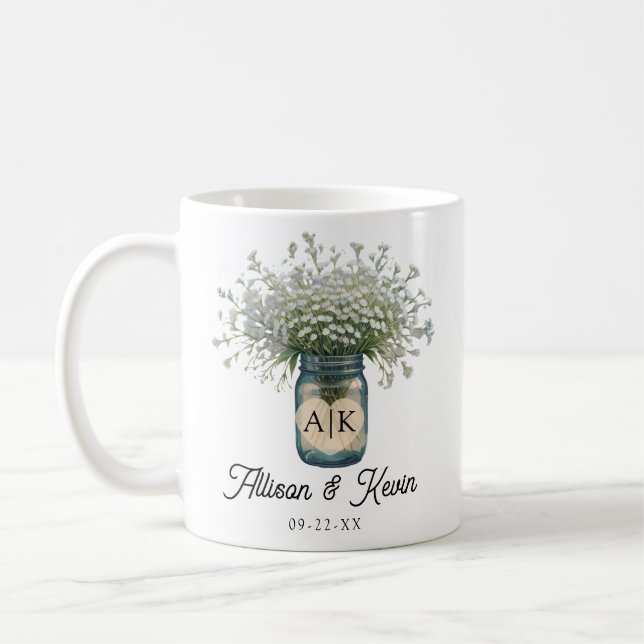 Rustic Monogram Baby's Atem Mason Jar Wedding Kaffeetasse (Links)
