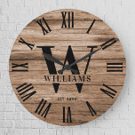 Rustic Monogram Farmhouse Custom Family Name<br><div class="desc">Personalisierter Familienname,  Monogramm und Jahr etabliert Rustic Modern Wall Uhr in einem trendigen Bauernstil Design mit römischer numerischer Uhr Gesicht und hellen weißen Holzputz / shiplap Hintergrund Design. Perfektes Geschenk für Neuvermählte,  Hochzeitsgeschenke,  Hauswärmer oder Großeltern oder für einen Zuhause-Check-in in der Hütte,  in der Hütte oder im Landhaus.</div>