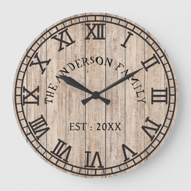 Rustic Monogram Farmhouse Custom Family Name Große Wanduhr (Vorderseite)