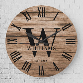 Rustic Monogram Farmhouse Custom Family Name Große Wanduhr