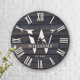 Rustic Monogram Farmhouse Custom Family Name Große Wanduhr