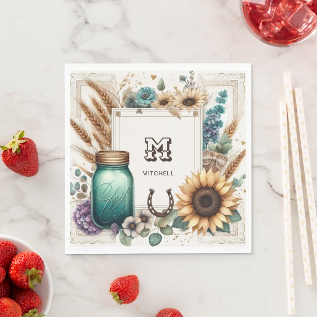 Rustic Monogram Mason Jar Sunblumen Serviette (Beispiel)