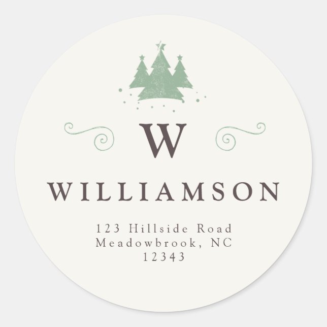 Rustic Monogram Name Christmas Tree Rücksendeadres Runder Aufkleber (Vorderseite)