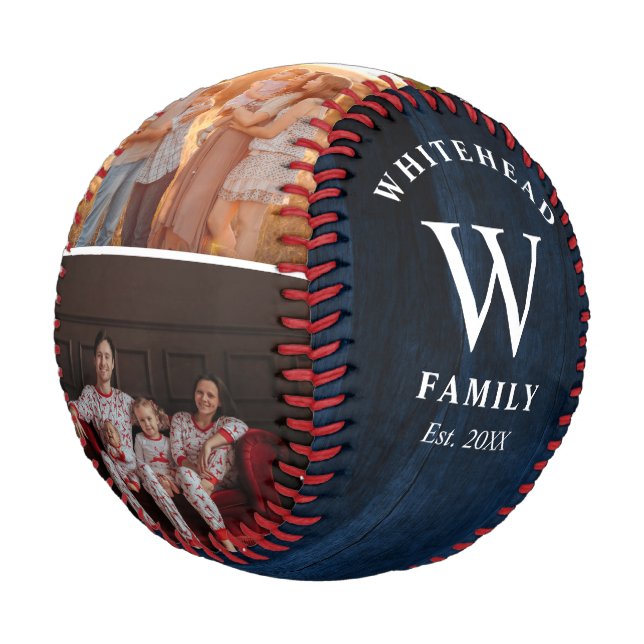 Rustic Monogram Navy Blue Wood Foto Collage Baseball (Schrägansicht)