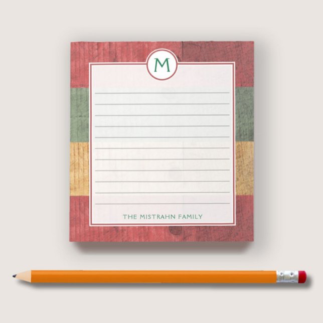 Rustic Monogram Red Green Gold Name Weihnachten Notizblock (Von Creator hochgeladen)
