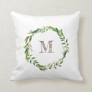 Rustic Monogram Watercolor Blätter Laurel Wreath Kissen