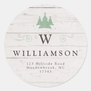 Rustic Monogram Wood Christmas Tree Rücksendeadres Runder Aufkleber