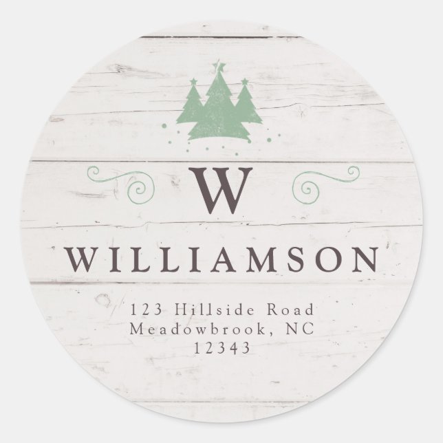 Rustic Monogram Wood Christmas Tree Rücksendeadres Runder Aufkleber (Vorderseite)