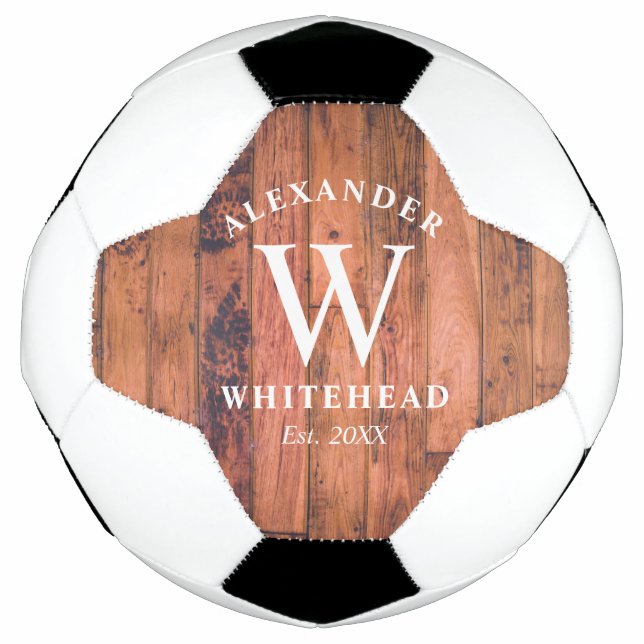 Rustic Monogram Wood Soccer Ball (Vorderseite)