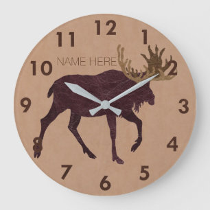 Rustic Moose Faux Leather-Look Name Große Wanduhr