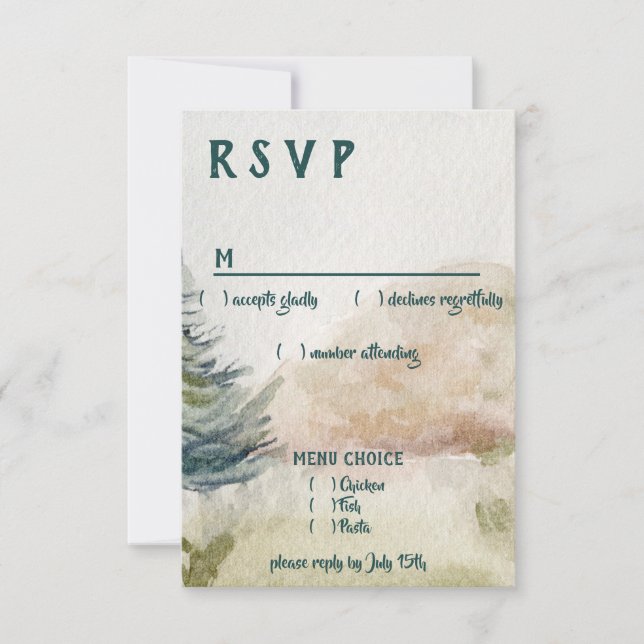 Rustic Mountain Arbor Evergreen Wedding Menu UAWG RSVP Karte (Vorderseite)