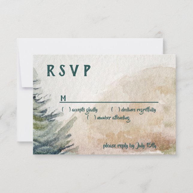 Rustic Mountain Arbor Evergreen Wedding RSVP Karte (Vorderseite)