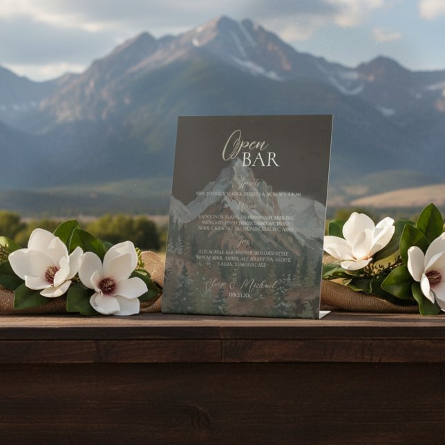 Rustic Mountain Brown Open Bar Wedding  Sockelschild (Rustic Mountain Brown Open Bar Wedding Pedestal Sign)
