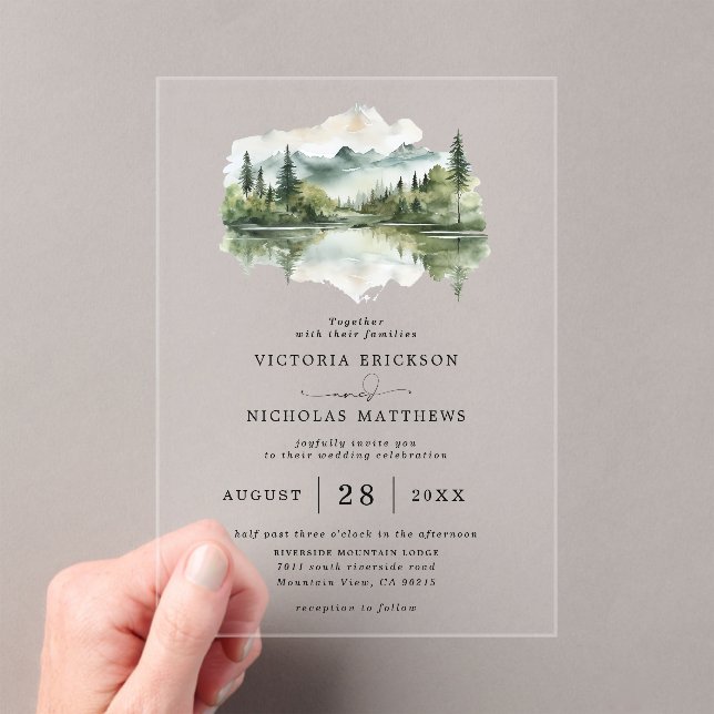 Rustic Mountain Forest Lake Budget QR Code Wedding Acryleinladungen (Insitu (Handheld))