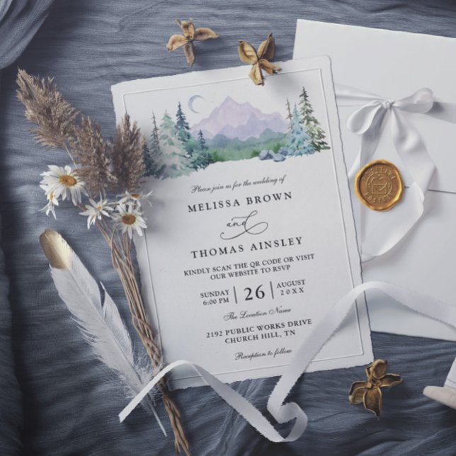 Rustic Mountain Forest Landscape QR Code Wedding Einladung (Von Creator hochgeladen)