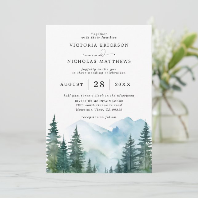 Rustic Mountain Forest Tree Budget QR Code Wedding Einladung (Stehend Vorderseite)