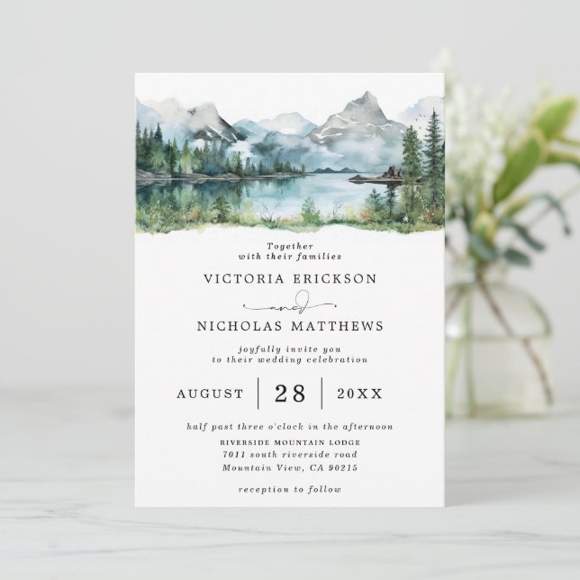 Rustic Mountain Forest Tree Budget QR Code Wedding Einladung (Stehend Vorderseite)