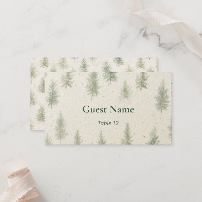 Rustic Mountain Forest Watercolor Wedding Place  Platzkarte (Vorderseite/Rückseite Beispiel)