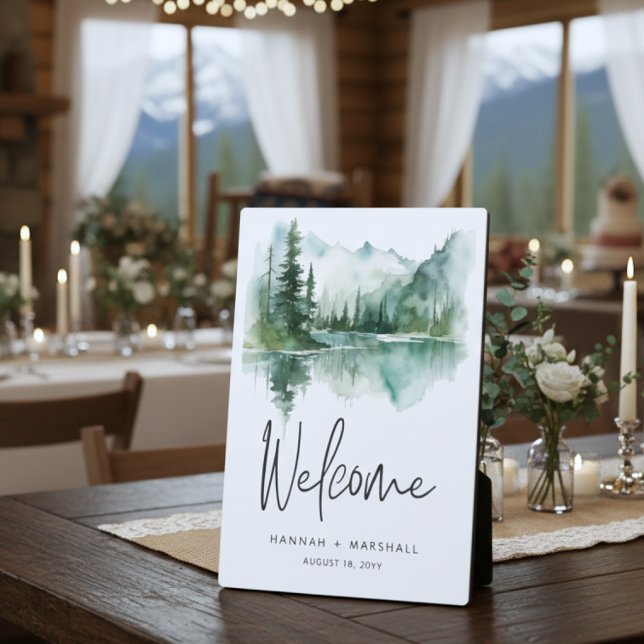 Rustic Mountain Lake Scene Watercolor Wedding Fotoplatte (Von Creator hochgeladen)