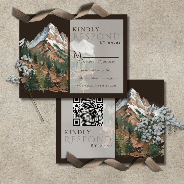 Rustic Mountain Landscape Watercolor Wedding QR  RSVP Karte (Rustic Mountain Landscape Watercolor Wedding QR RSVP Card)