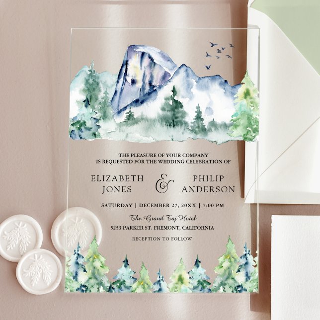 Rustic Mountain Pine Trees Forest Wedding Acryleinladungen (Von Creator hochgeladen)
