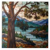 Rustic mountain range landscape stain glass
