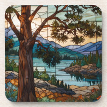 Rustic mountain range landscape stain glass