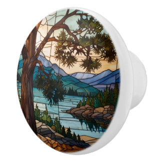 Rustic mountain range landscape stain glass keramikknauf