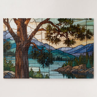 Rustic mountain range landscape stain glass puzzle