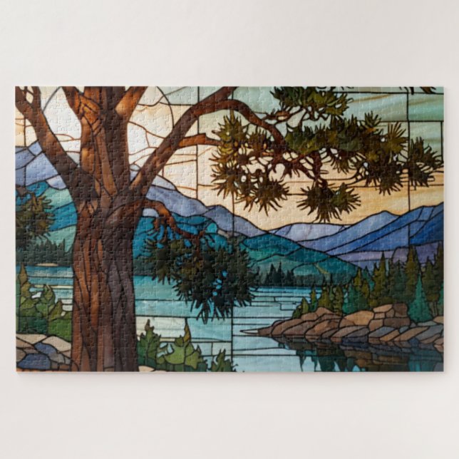 Rustic mountain range landscape stain glass  puzzle (Horizontal)