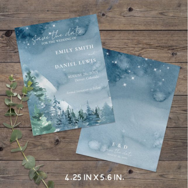 Rustic Mountains Blue Budget Save the Date Card Postkarte (Dark Theme Budget-Friendly Rustic Mountain Wedding Save the Date (4.25 x 5.6 in))