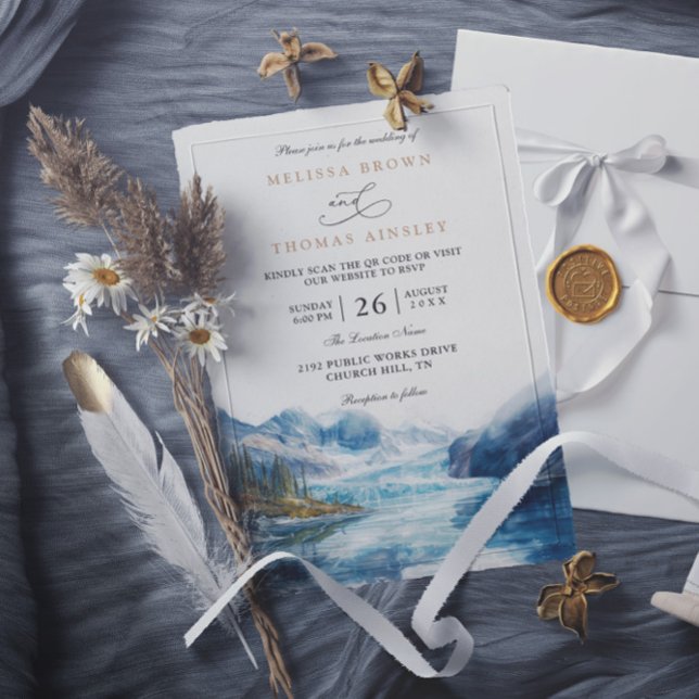Rustic Mountains Lake Montana QR Code Wedding Einladung (Von Creator hochgeladen)