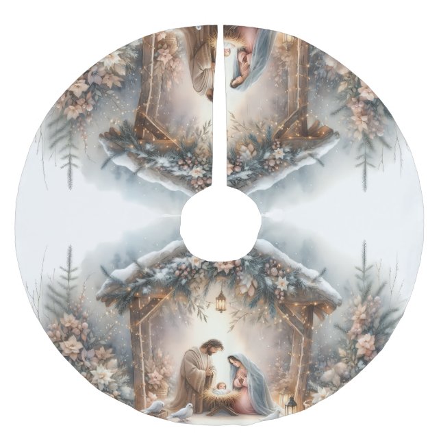 Rustic Nativity Scene with Winter Florals Polyester Weihnachtsbaumdecke (Vorderseite)