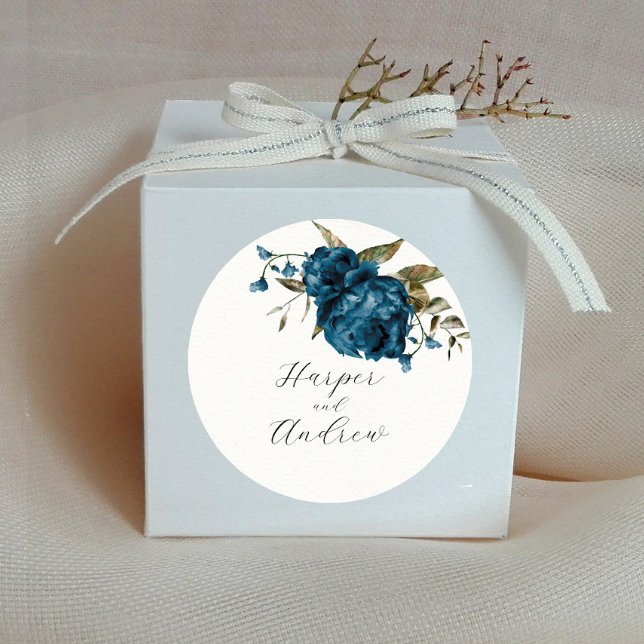 Rustic Navy Blue Floral Wedding Favor   Runder Aufkleber (Von Creator hochgeladen)