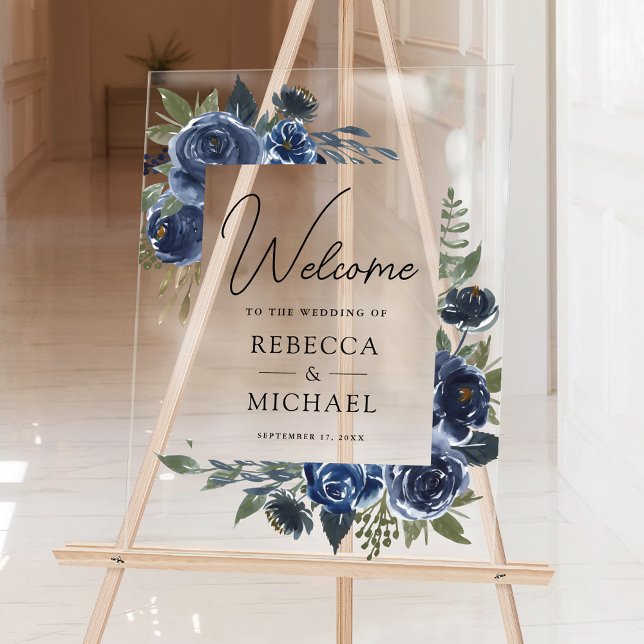 Rustic Navy Blue Floral Wedding Welcome Acrylschild (Von Creator hochgeladen)