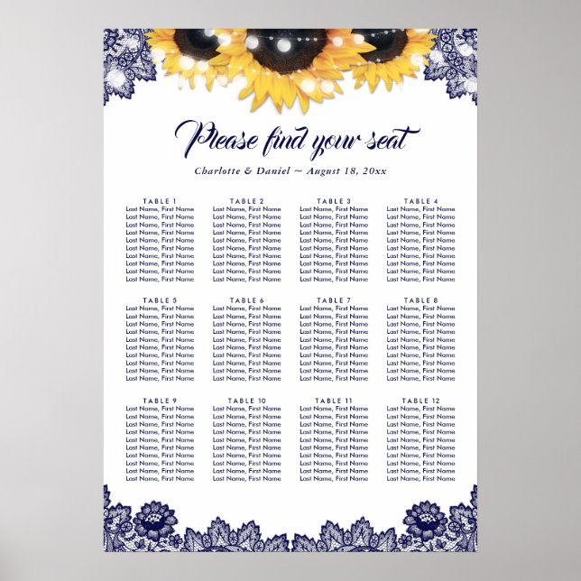 Rustic Navy Blue Lace Sunflower Seating Chart 12 Poster (Vorne)